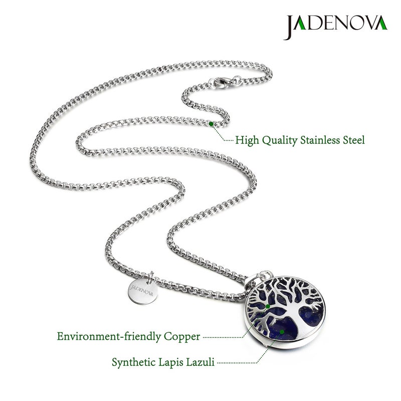 JADENOVA Family Tree Necklace Tree of Life Synthetic Lapis Lazuli Gemstone Crystal Pendant Necklace 24 Inches Stainless Steel Chain - Image 2